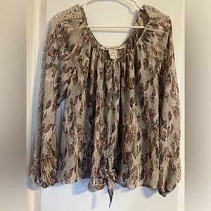 American Rag Cream Feather SheerLong‎ Sleeve Tie Front Blouse M Boho Peasant